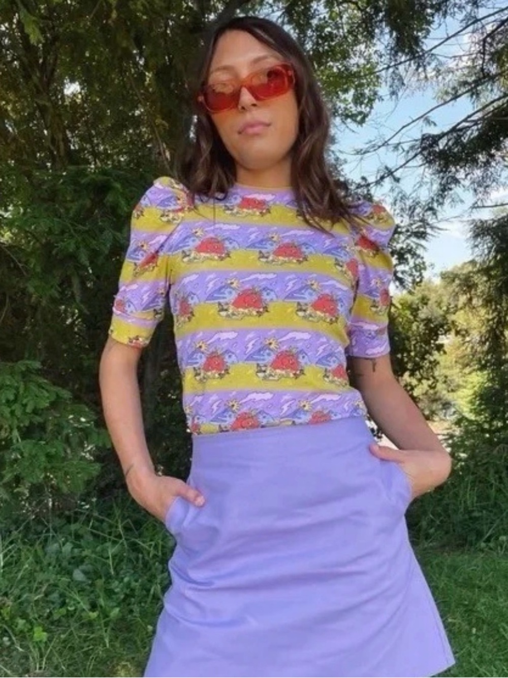 Nooworks Purple and Olive Green Graphic Puff Sleeve Top